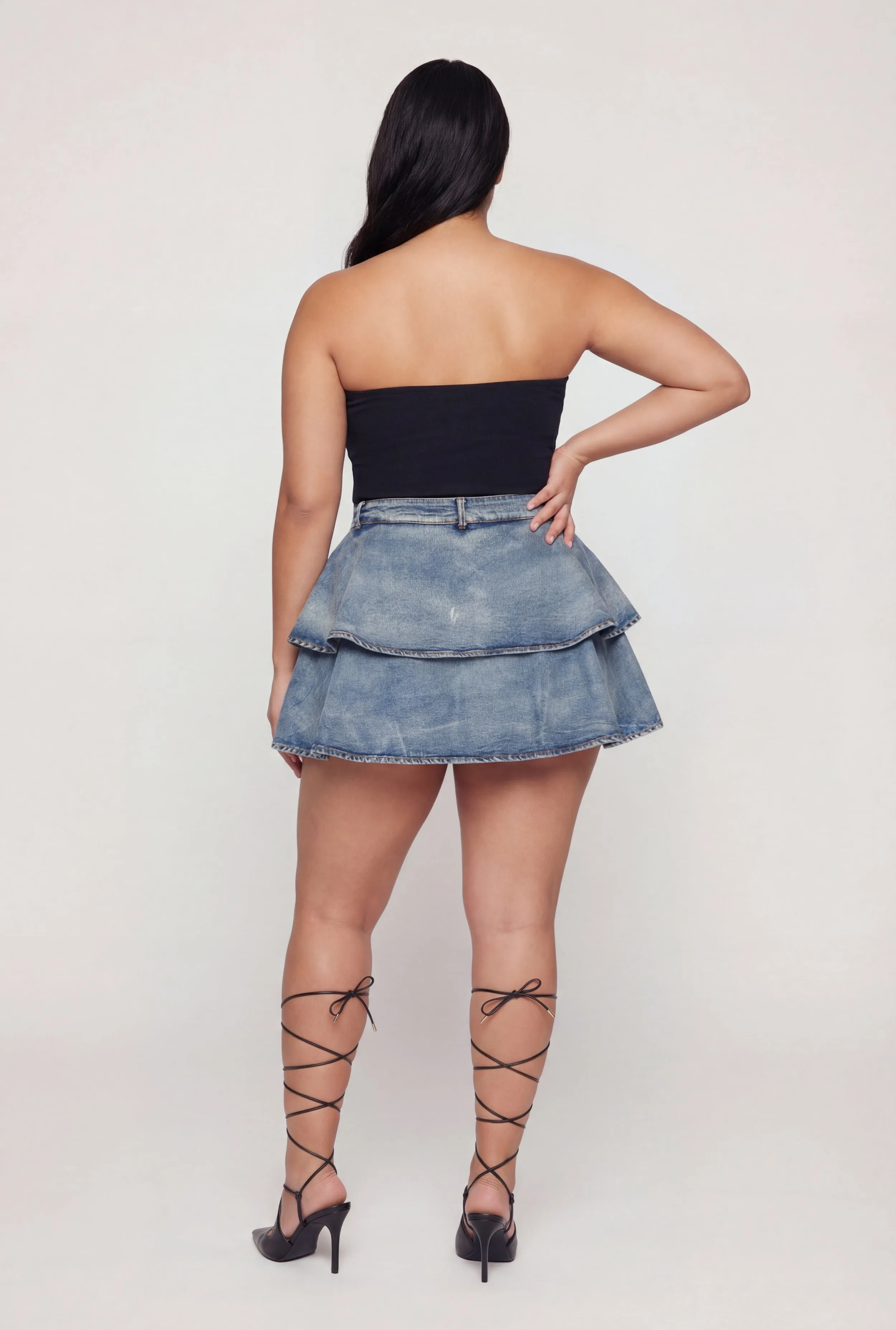 Plus Size Denim Ruffle Tiered Skirt with Shorts Lining sold by Rainbow product image thumbnail 5
