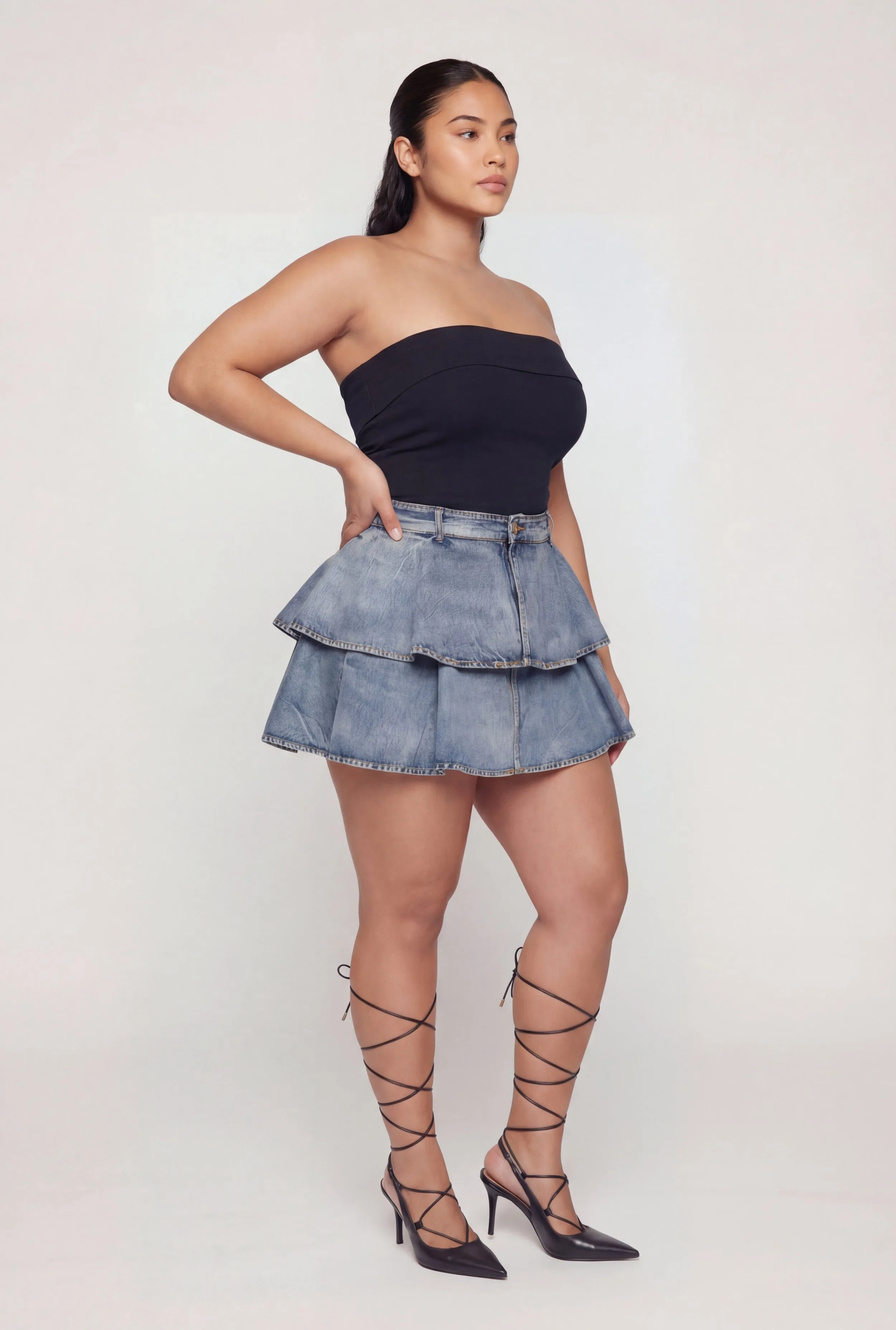 Plus Size Denim Ruffle Tiered Skirt with Shorts Lining sold by Rainbow product image thumbnail 2