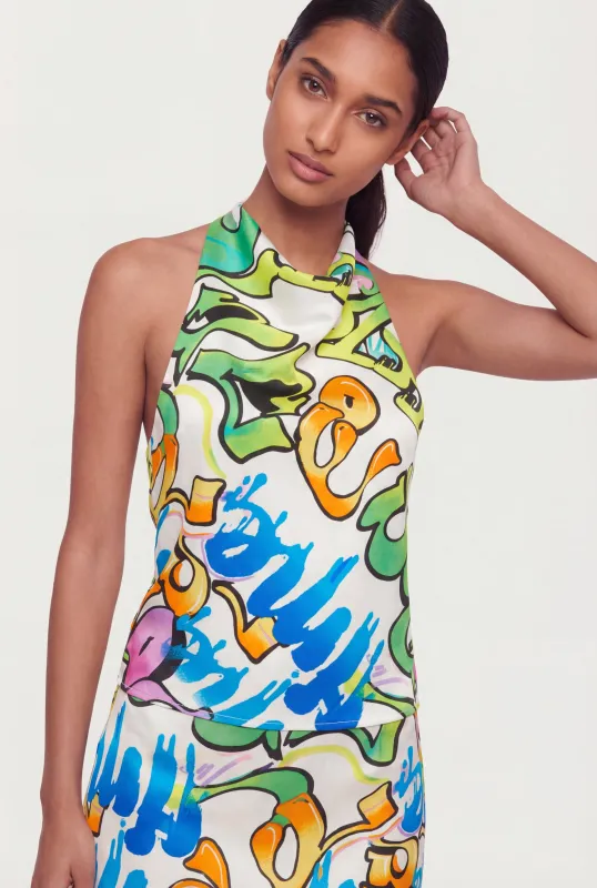 Satin Graffiti Print Halter Top made by Rainbow