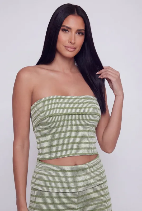 Striped Ribbed Knit Fold Over Tube Top made by Rainbow