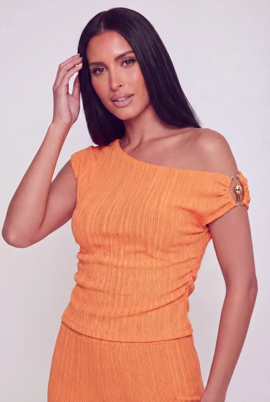 Metallic Detail Rib Knit Asymmetrical Top made by Rainbow