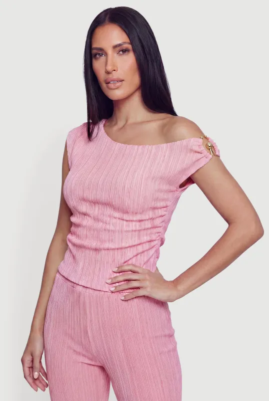 Metallic Detail Rib Knit Asymmetrical Top made by Rainbow