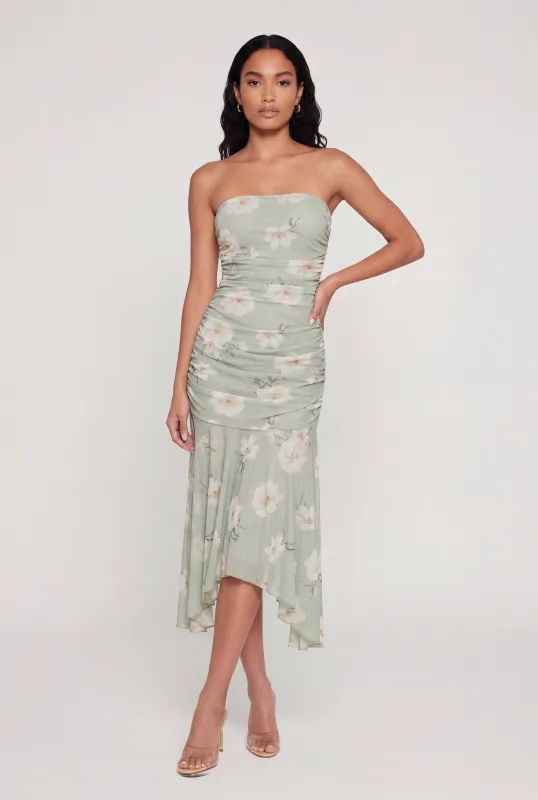 Floral Mesh Ruched Side Tube Dress made by Rainbow