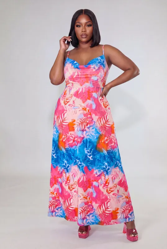 Plus Size Floral Tie Dye Cowl Neck Maxi Dress made by Rainbow