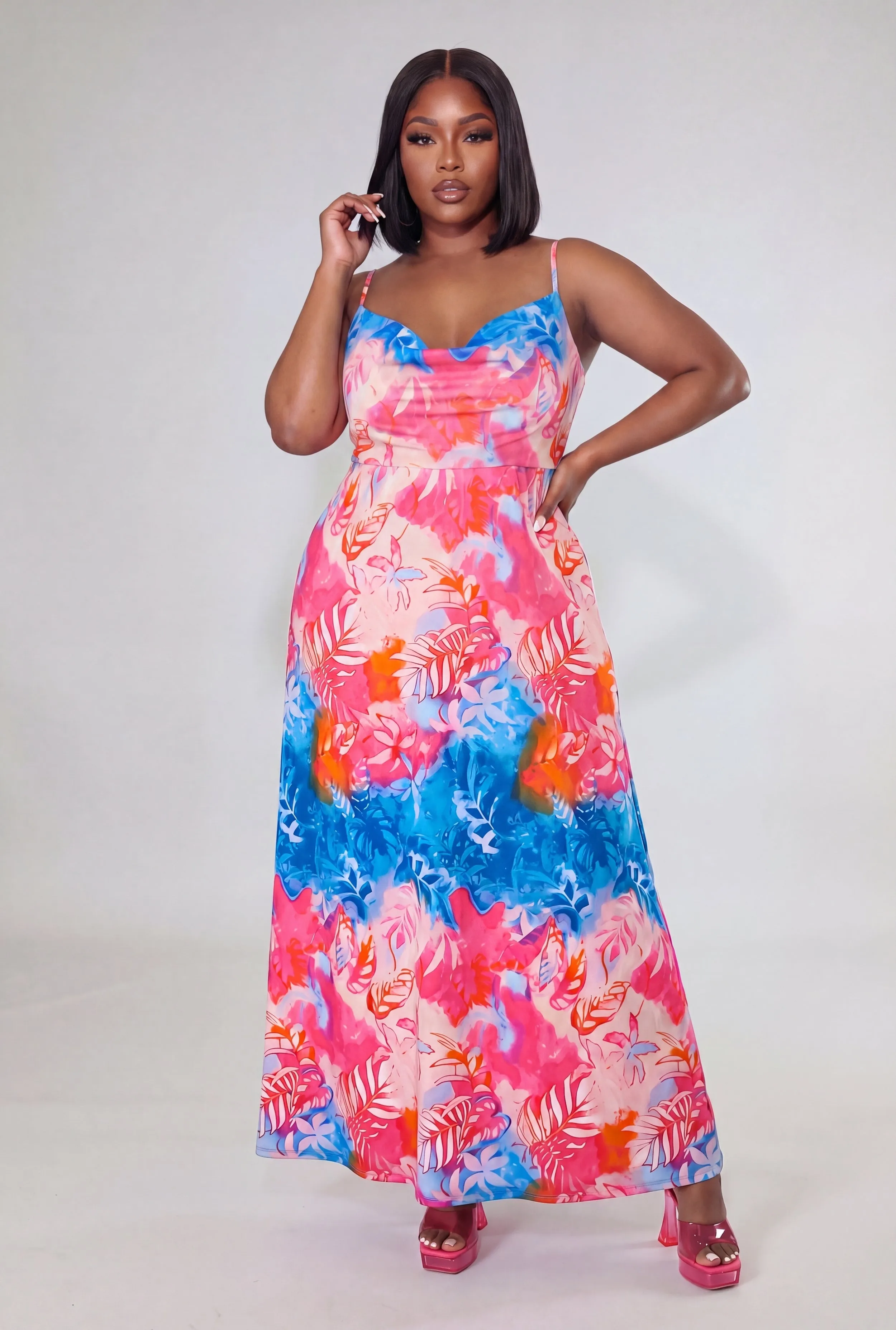 Plus Size Floral Tie Dye Cowl Neck Maxi Dress sold by Rainbow