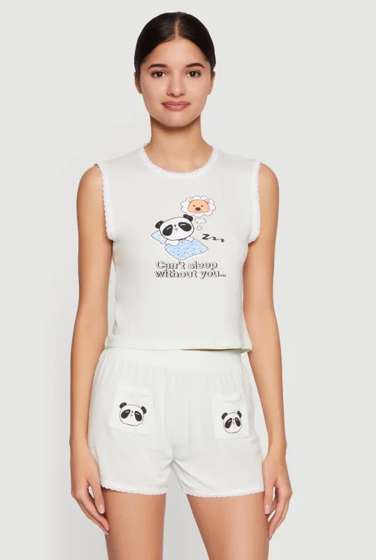 Cant Sleep Graphic Lace Trim Pajama Top and Shorts made by Rainbow