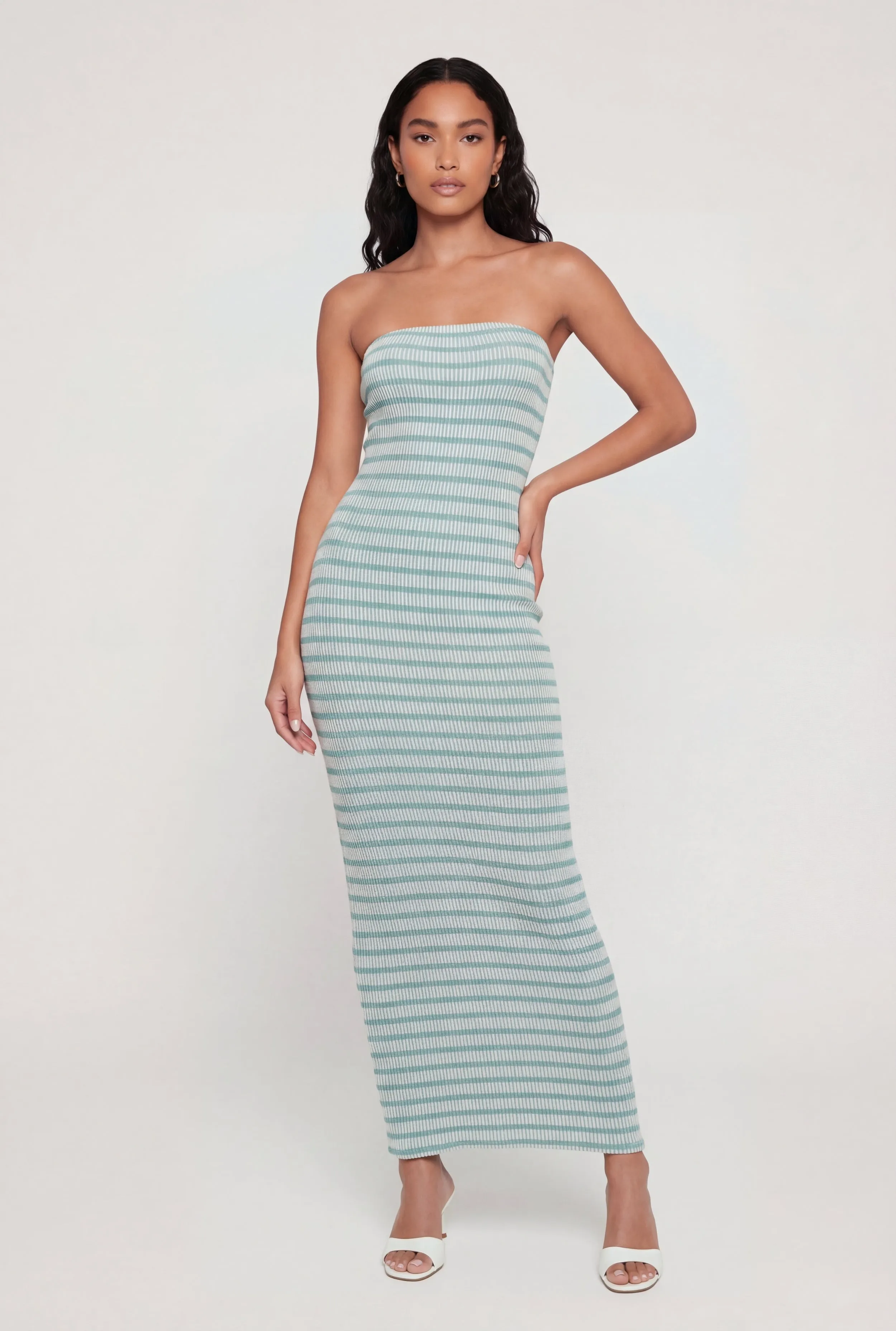 Striped Ribbed Knit Strapless Maxi Dress with Back Slit sold by Rainbow