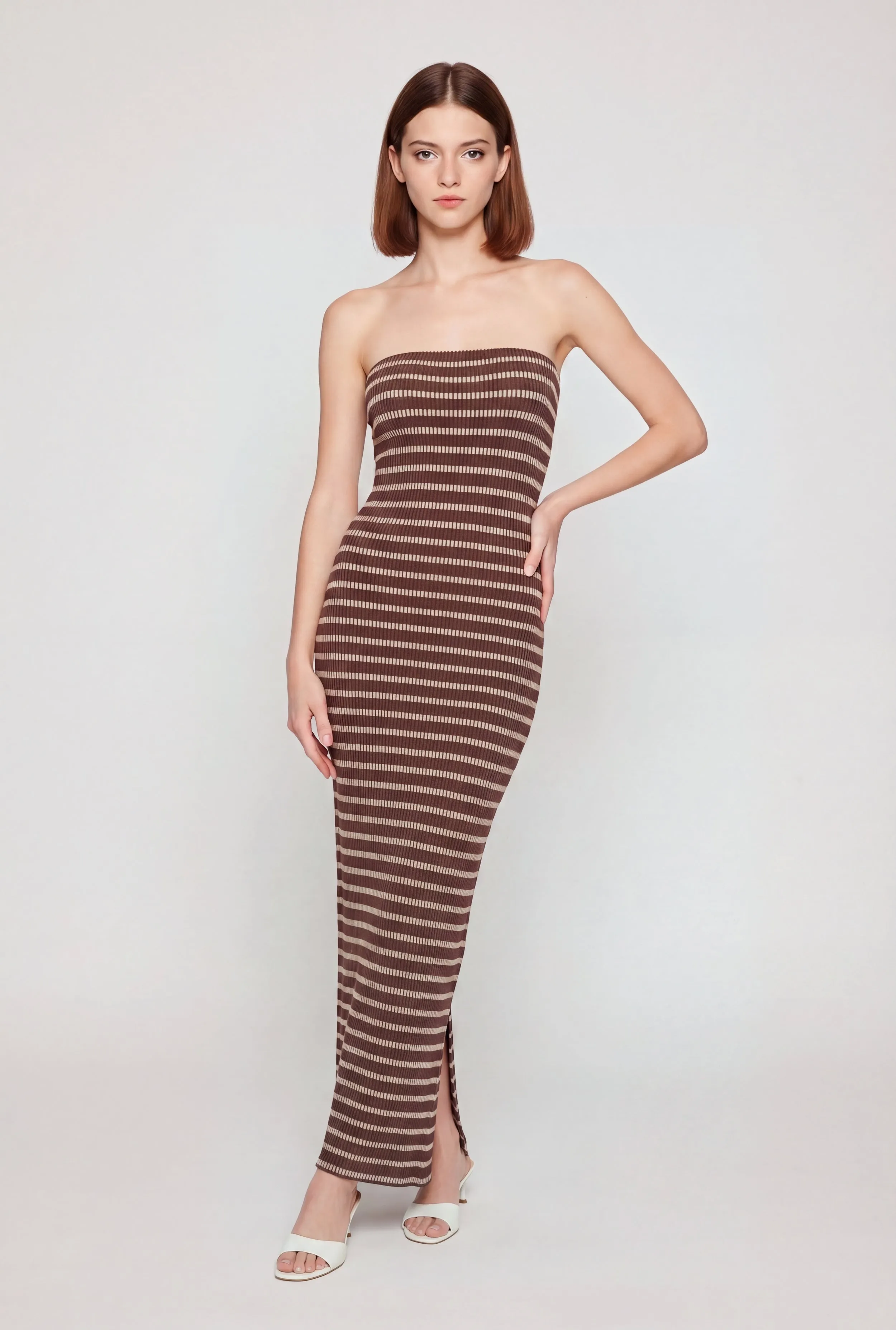 Striped Ribbed Knit Strapless Maxi Dress with Back Slit sold by Rainbow