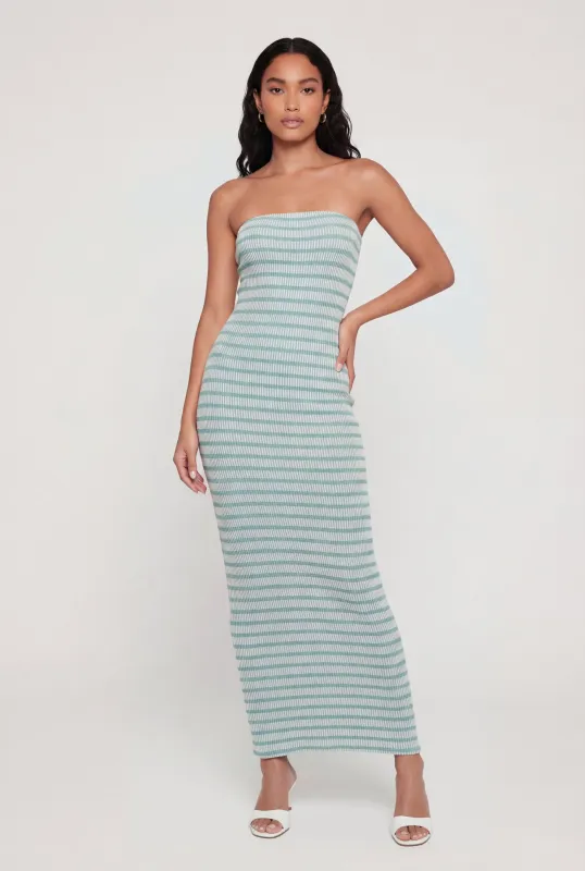 Striped Ribbed Knit Strapless Maxi Dress with Back Slit made by Rainbow