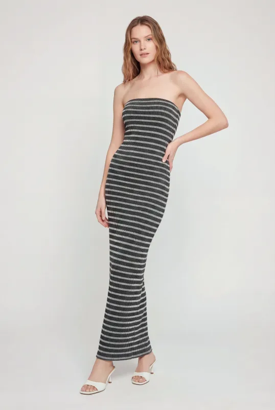 Striped Ribbed Knit Strapless Maxi Dress with Back Slit made by Rainbow