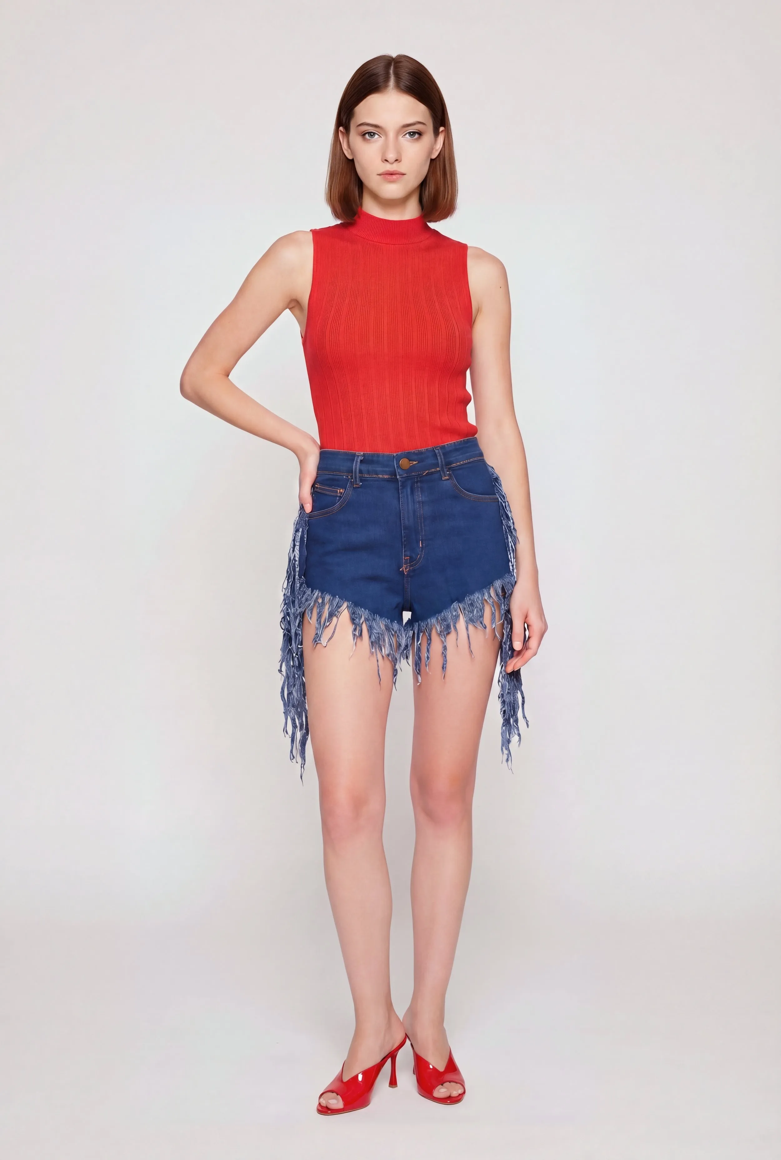 Fringe Hem and Side Denim Shorts sold by Rainbow