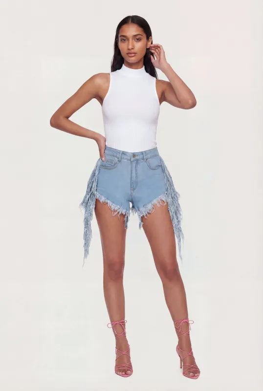 Fringe Hem and Side Denim Shorts made by Daisy