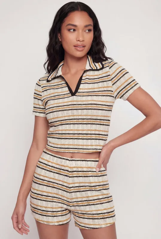 Cropped Stripe Crochet Lace Trim Polo Top made by Rainbow