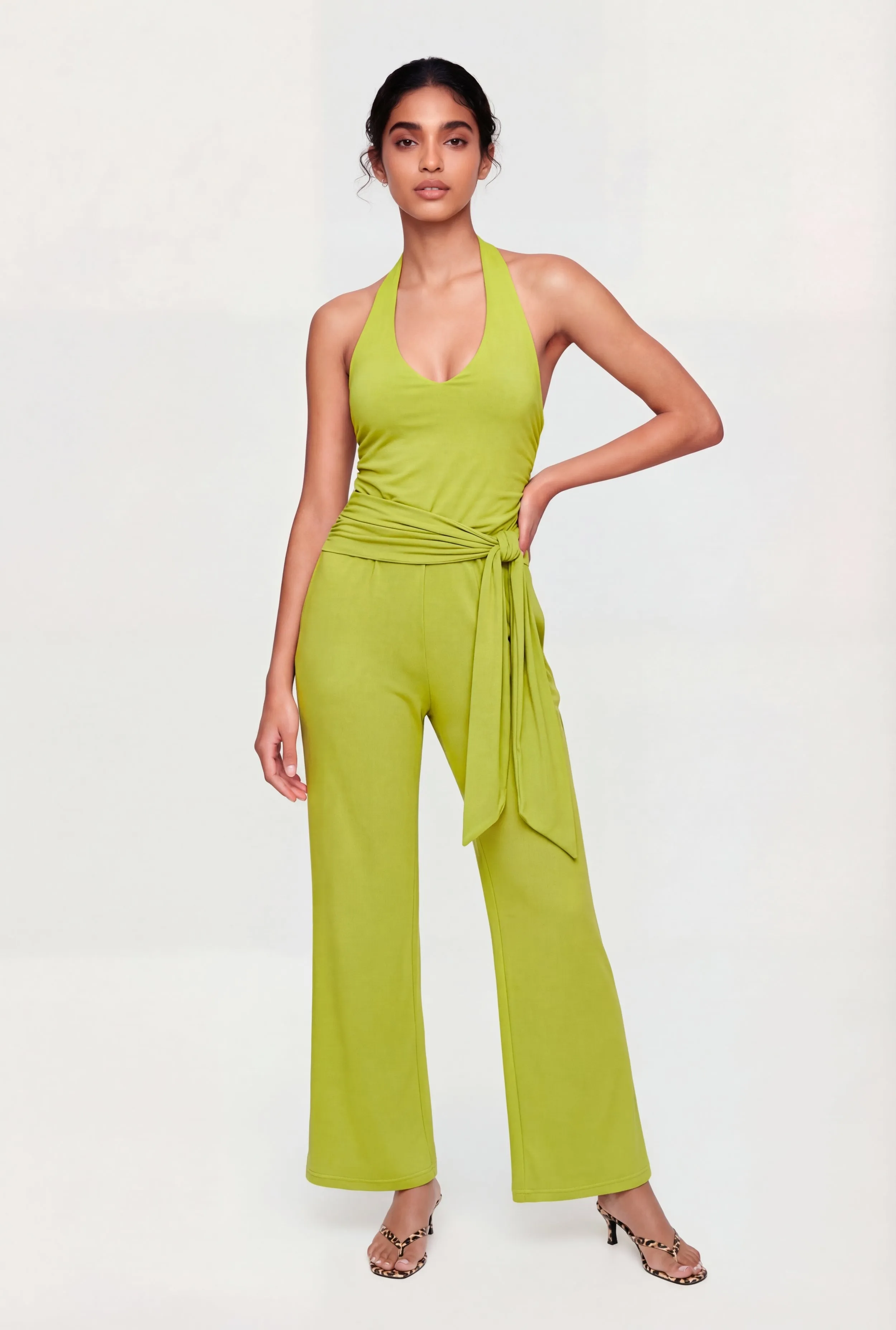 Side Ruched Halter Tie Back Wide Leg Jumpsuit sold by Rainbow