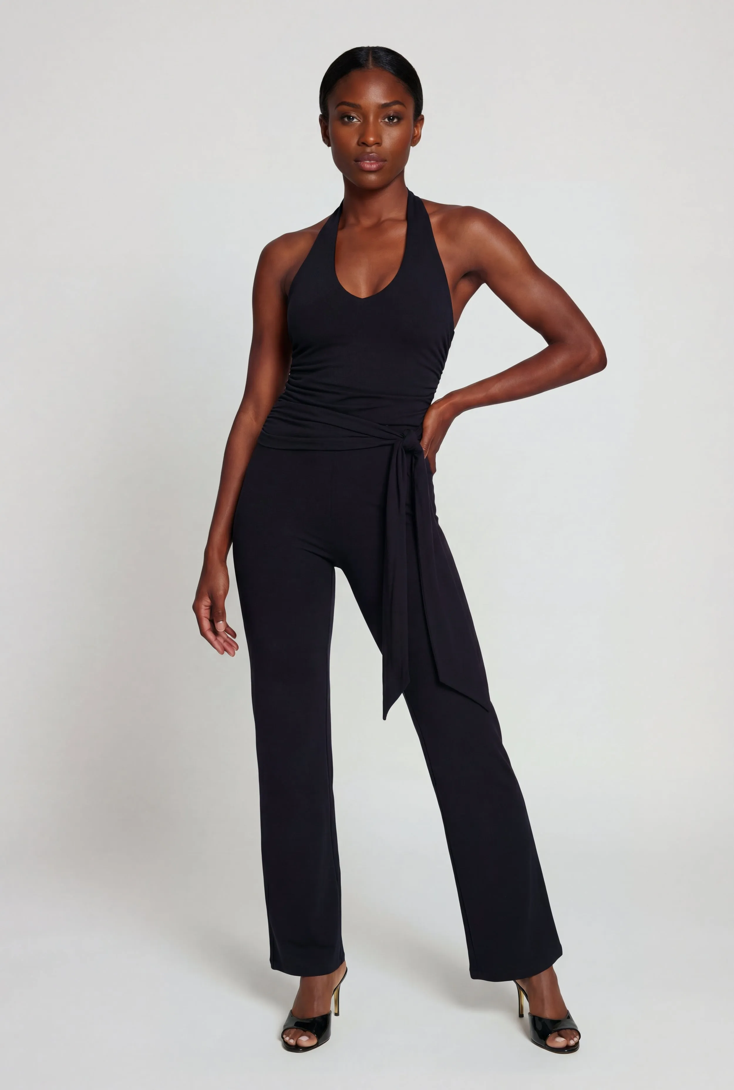 Side Ruched Halter Tie Back Wide Leg Jumpsuit sold by Rainbow