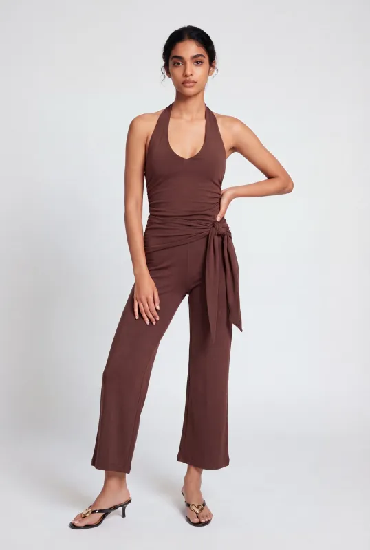Side Ruched Halter Tie Back Wide Leg Jumpsuit made by Rainbow
