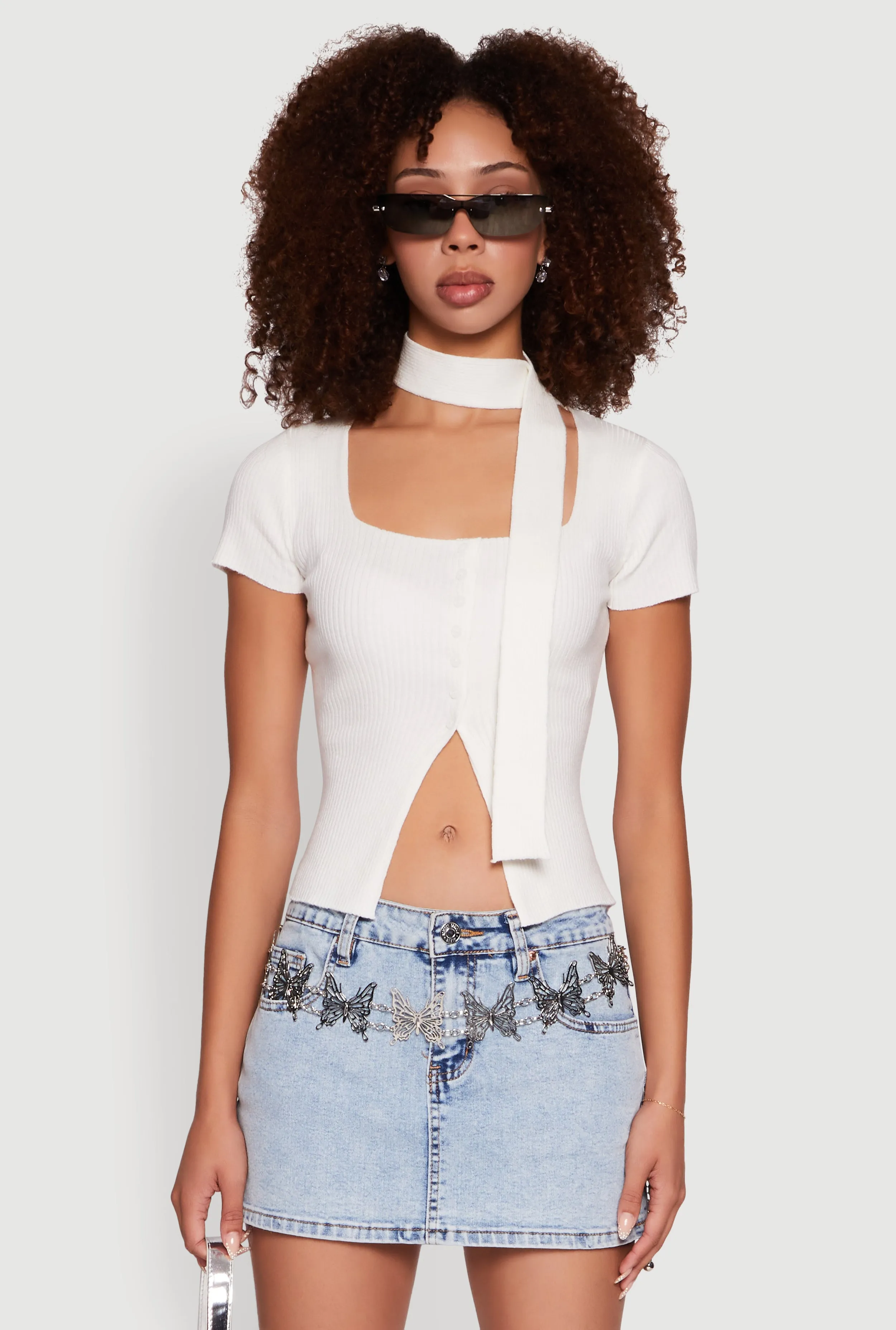 Ribbed Knit Button Slit Front Top with Neck Tie sold by Rainbow product image thumbnail 2