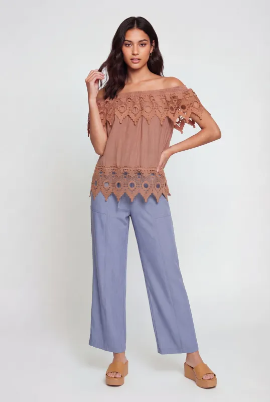 Crochet Detail Fold Over Off The Shoulder Top made by Rainbow