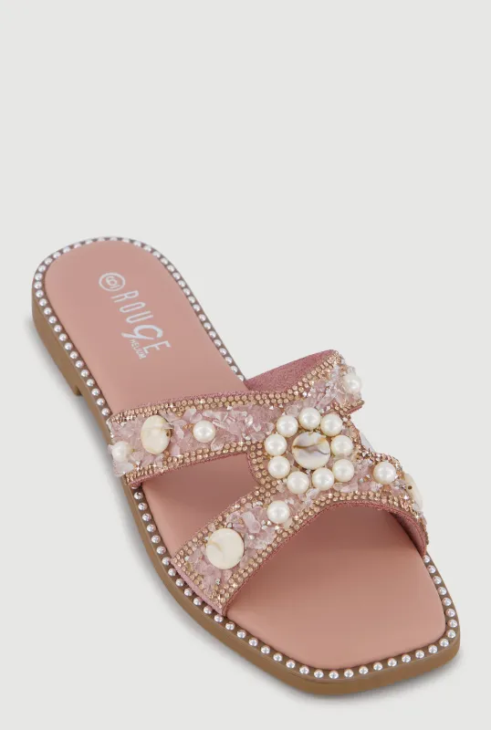 Rhinestone Faux Pearl Beaded H Band Sandals made by Rainbow