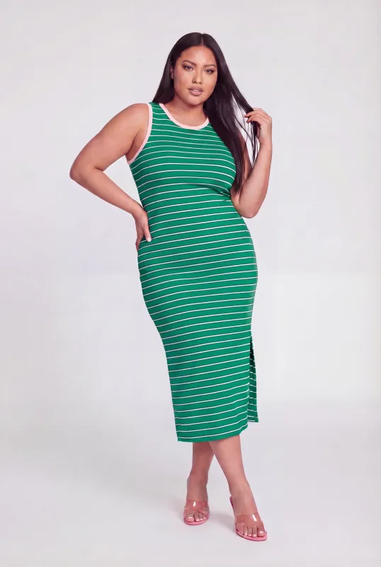 Plus Size Side Slit Striped Tank Midi Dress made by Rainbow