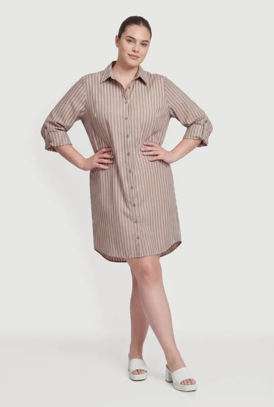 Plus Size Pinstripe Poplin Shirt Dress with Tab Sleeves made by Rainbow