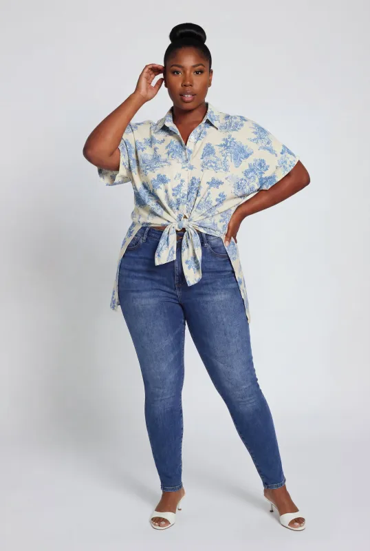 Plus Size Toile de Jouy Tie Front Tunic Shirt made by Rainbow