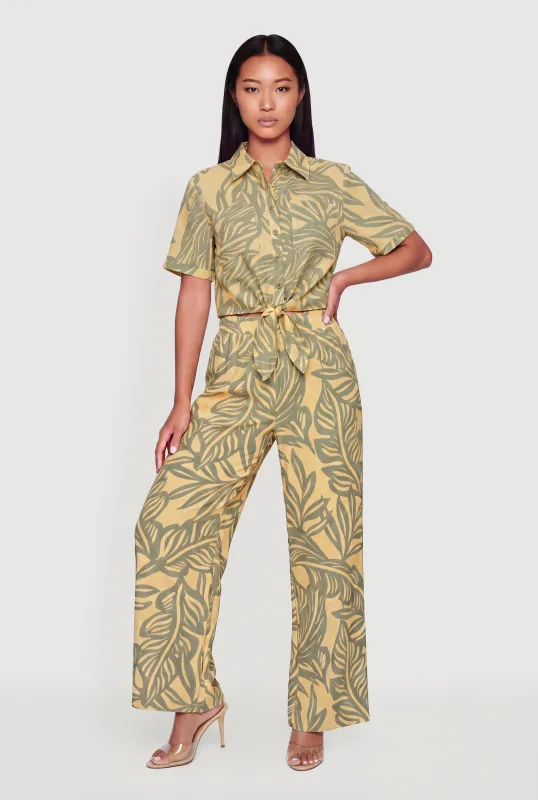 Tropical Leaf Print Crepe Knit Wide Leg Pants made by Rainbow