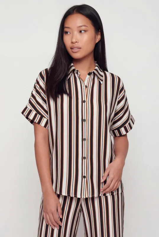 Striped Crepe Knit Button Front Short Sleeve Shirt made by Rainbow