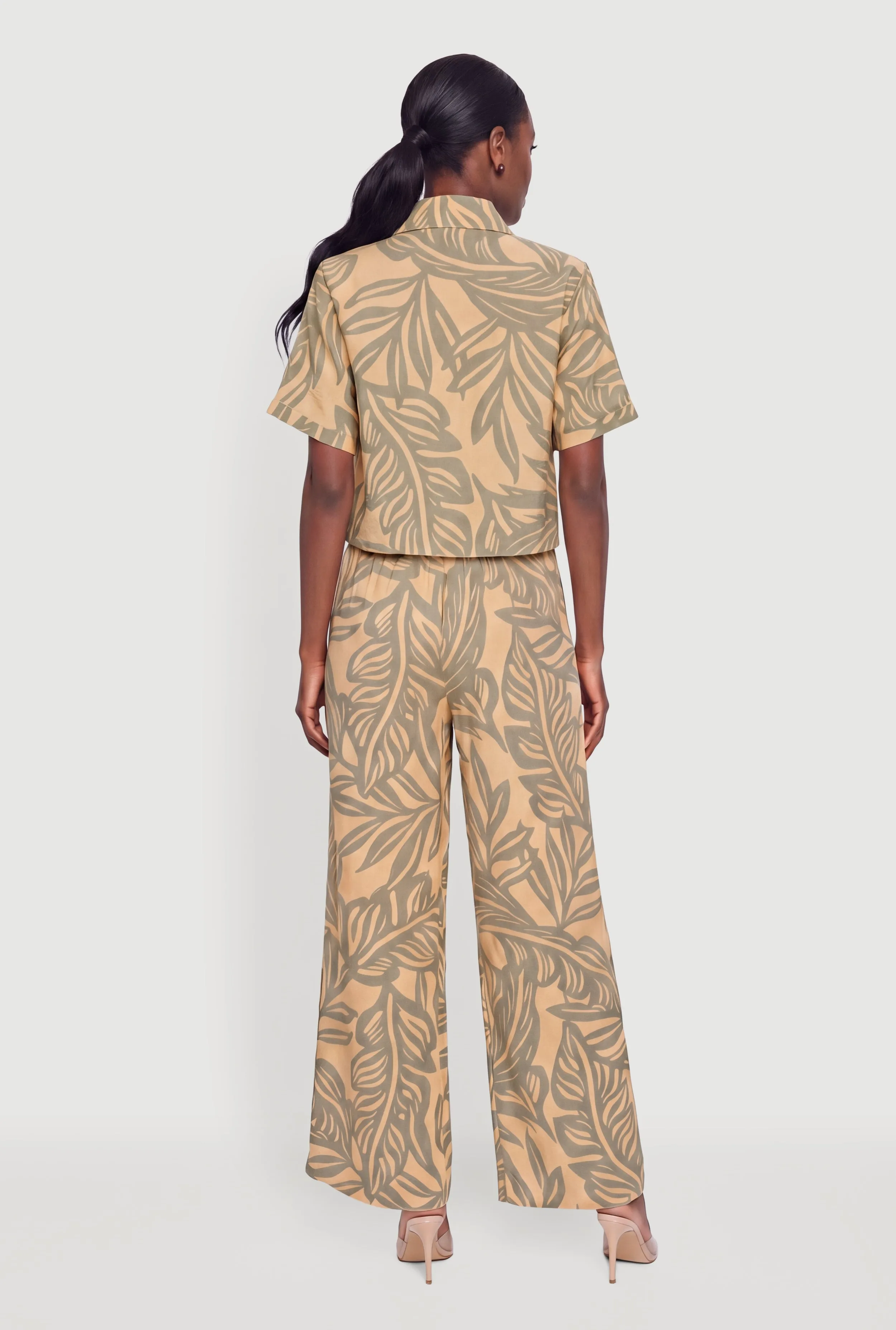 Tropical Leaf Print Crepe Knit Tie Front Shirt sold by Rainbow product image thumbnail 5