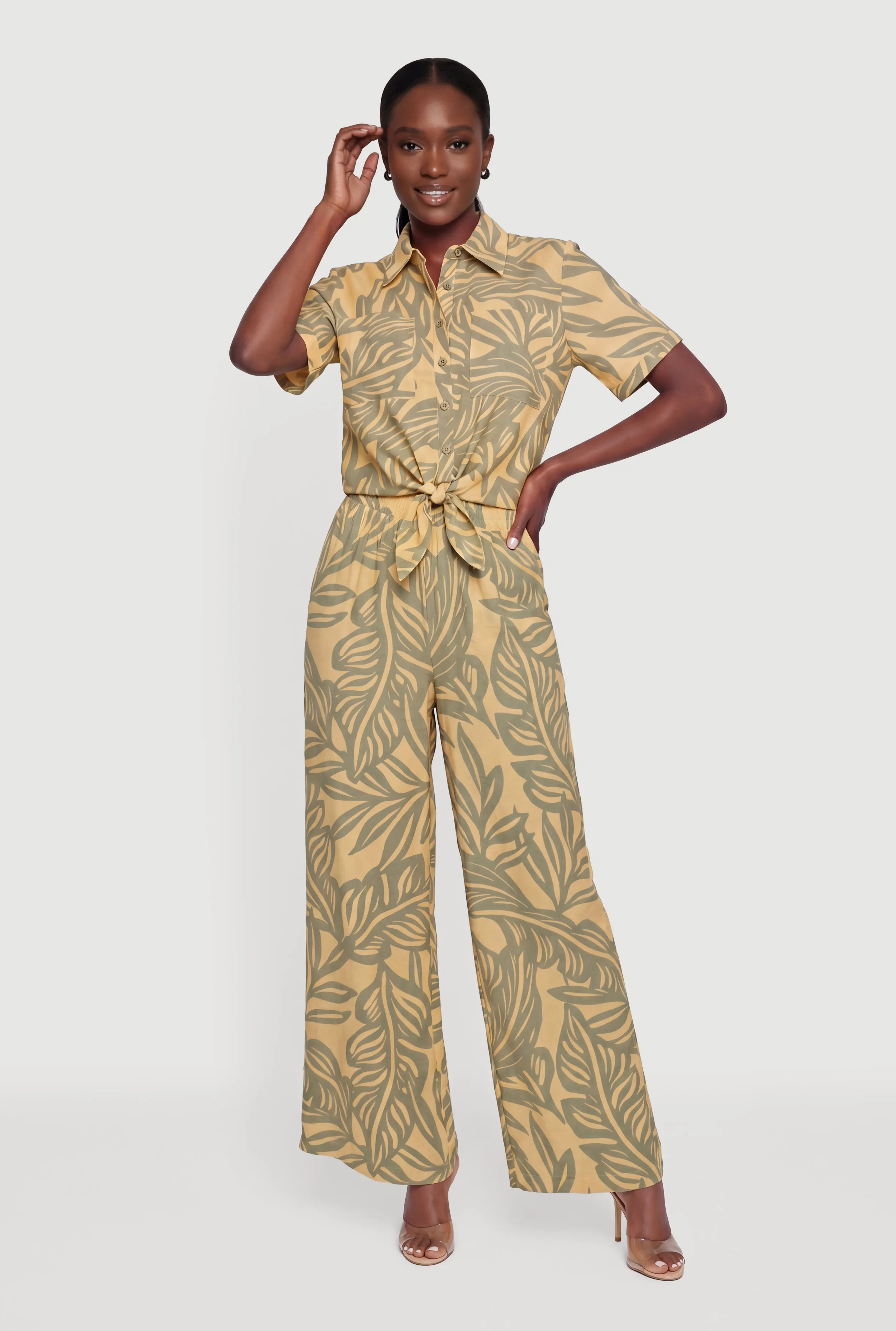 Tropical Leaf Print Crepe Knit Tie Front Shirt sold by Rainbow product image thumbnail 2