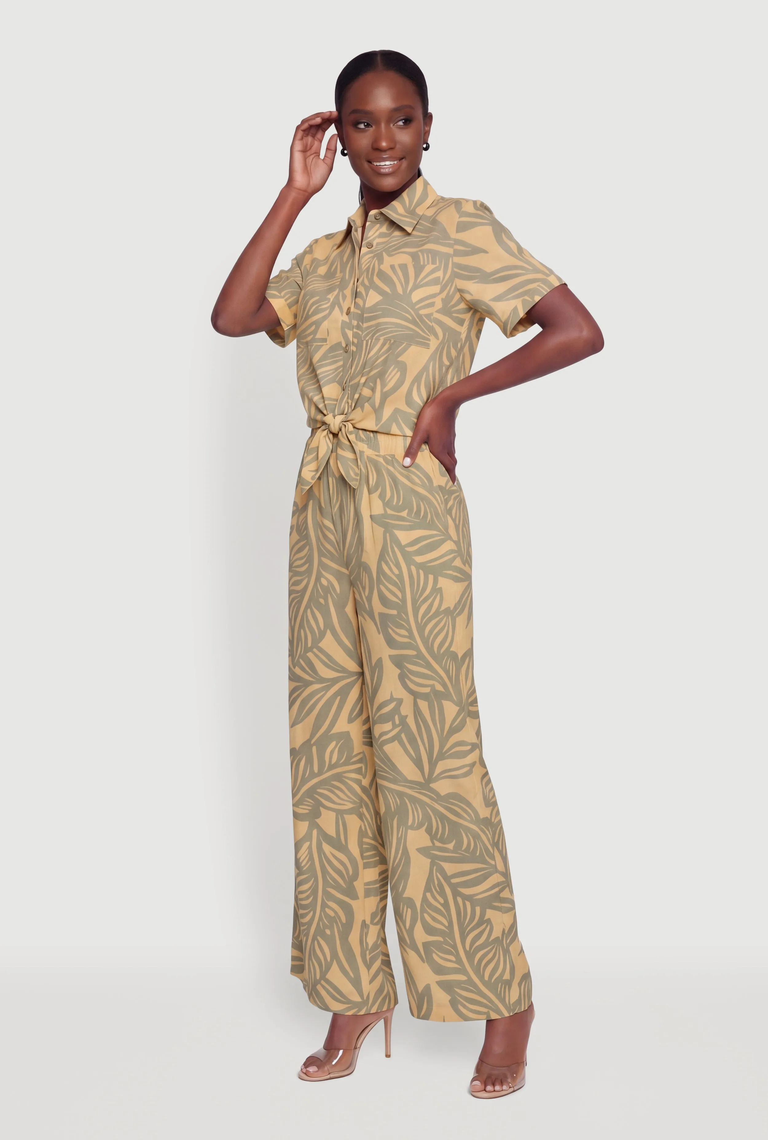 Tropical Leaf Print Crepe Knit Tie Front Shirt sold by Rainbow product image thumbnail 3