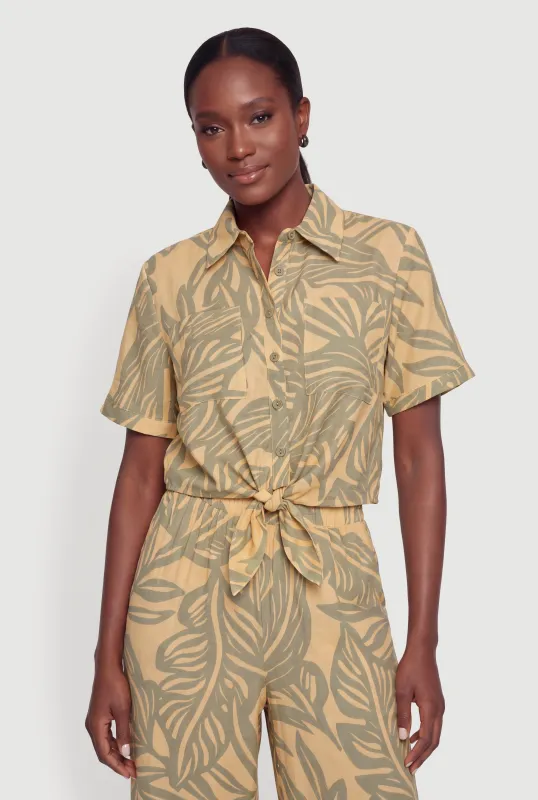 Tropical Leaf Print Crepe Knit Tie Front Shirt made by Rainbow