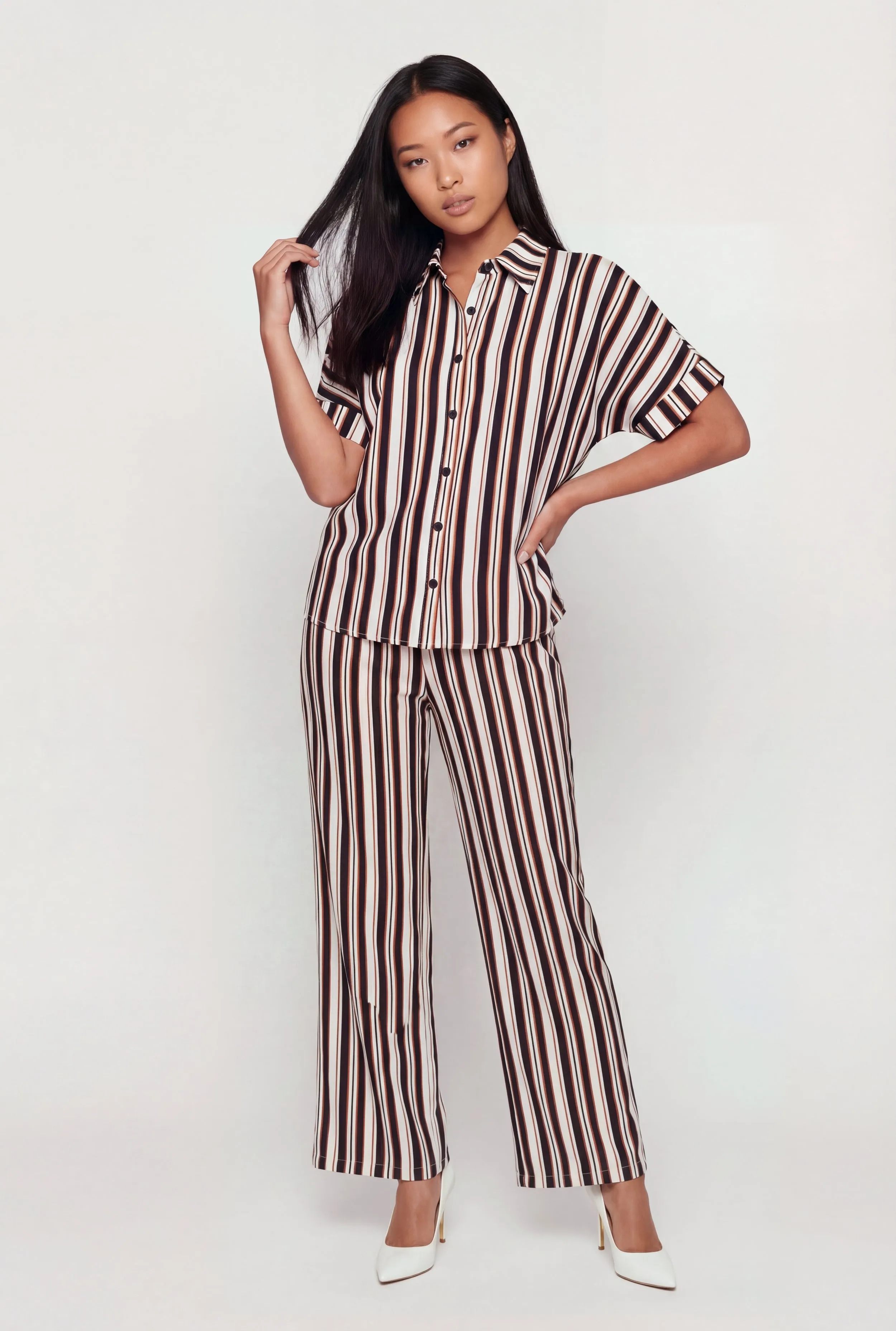 Striped Crepe Knit Button Front Short Sleeve Shirt sold by Rainbow product image thumbnail 2