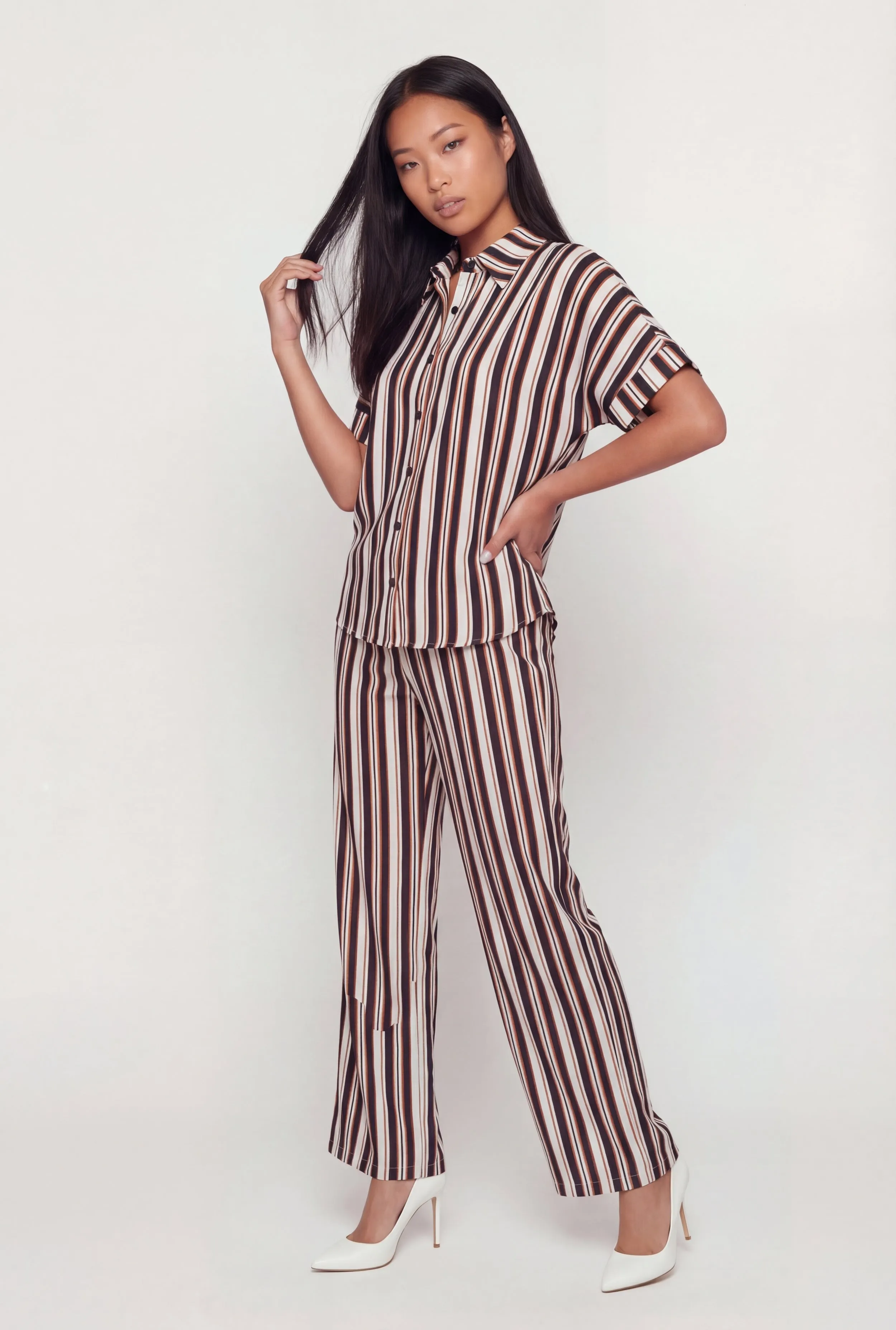 Striped Crepe Knit Button Front Short Sleeve Shirt sold by Rainbow product image thumbnail 3