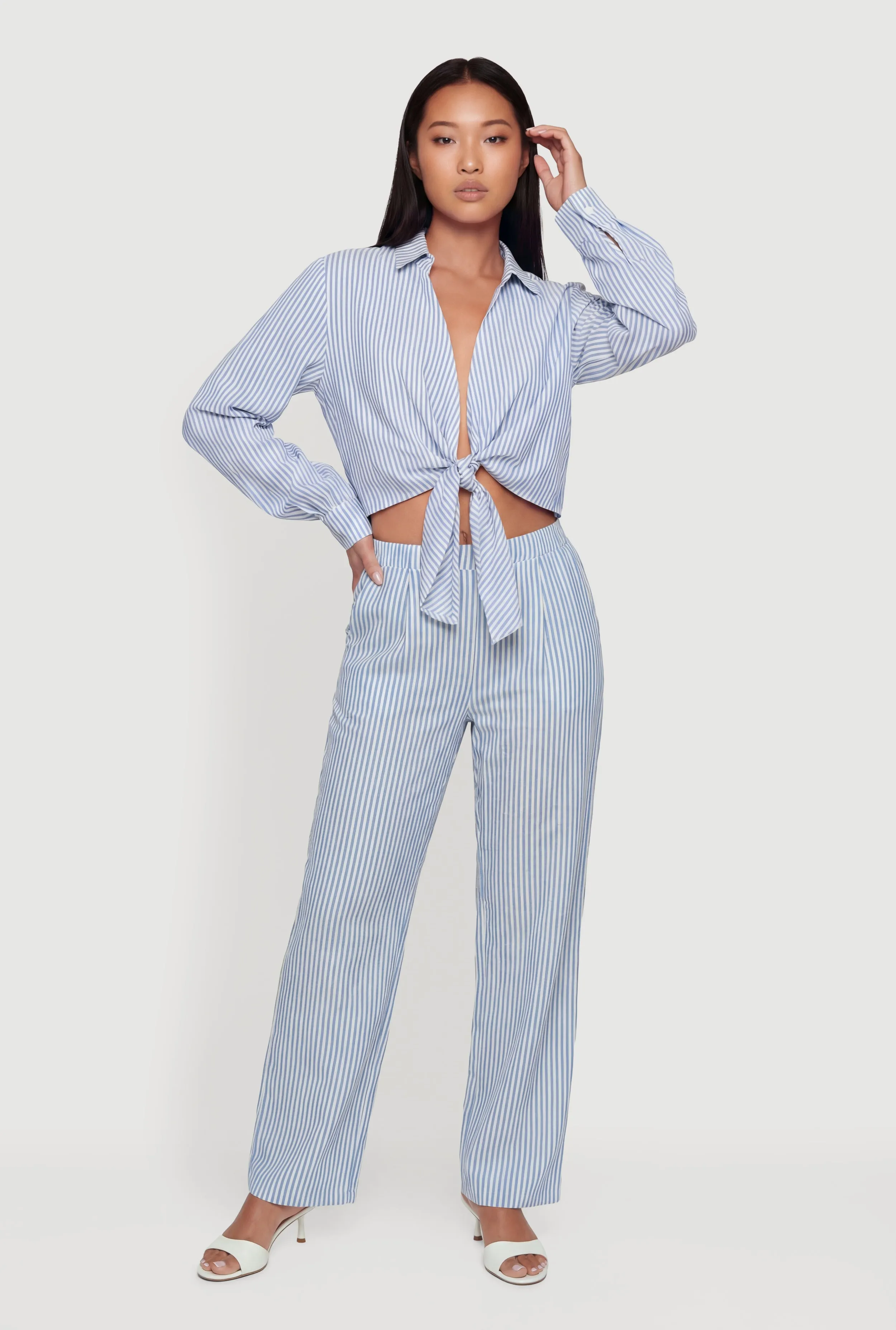 Striped Crepe Knit Tie Front Crop Blouse sold by Rainbow product image thumbnail 2