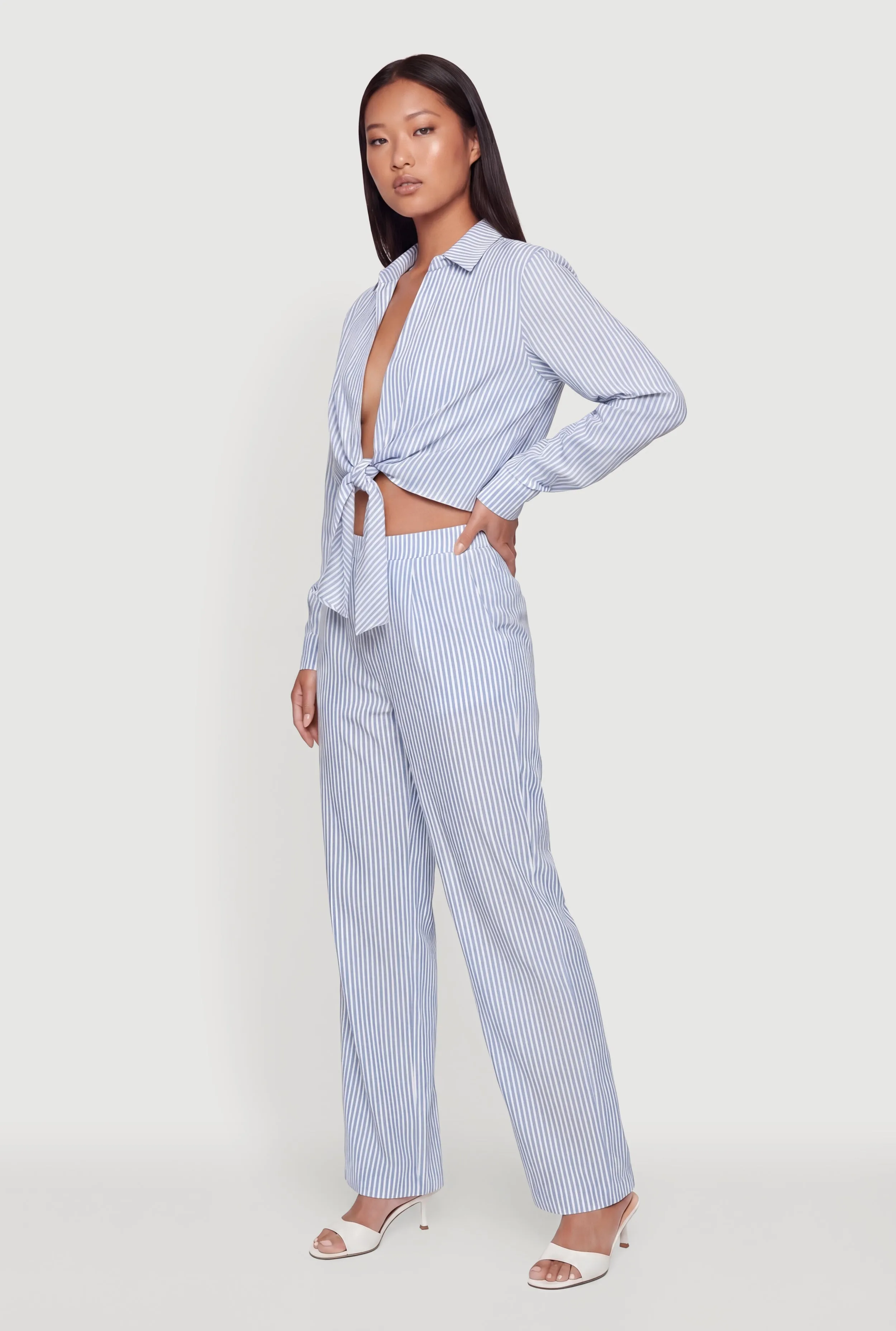 Striped Crepe Knit Tie Front Crop Blouse sold by Rainbow product image thumbnail 3