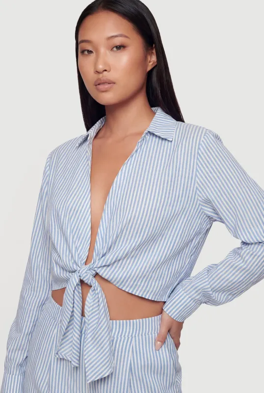 Striped Crepe Knit Tie Front Crop Blouse made by Rainbow