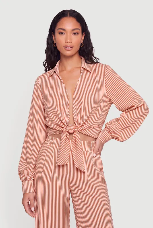 Striped Crepe Knit Tie Front Crop Blouse made by Rainbow