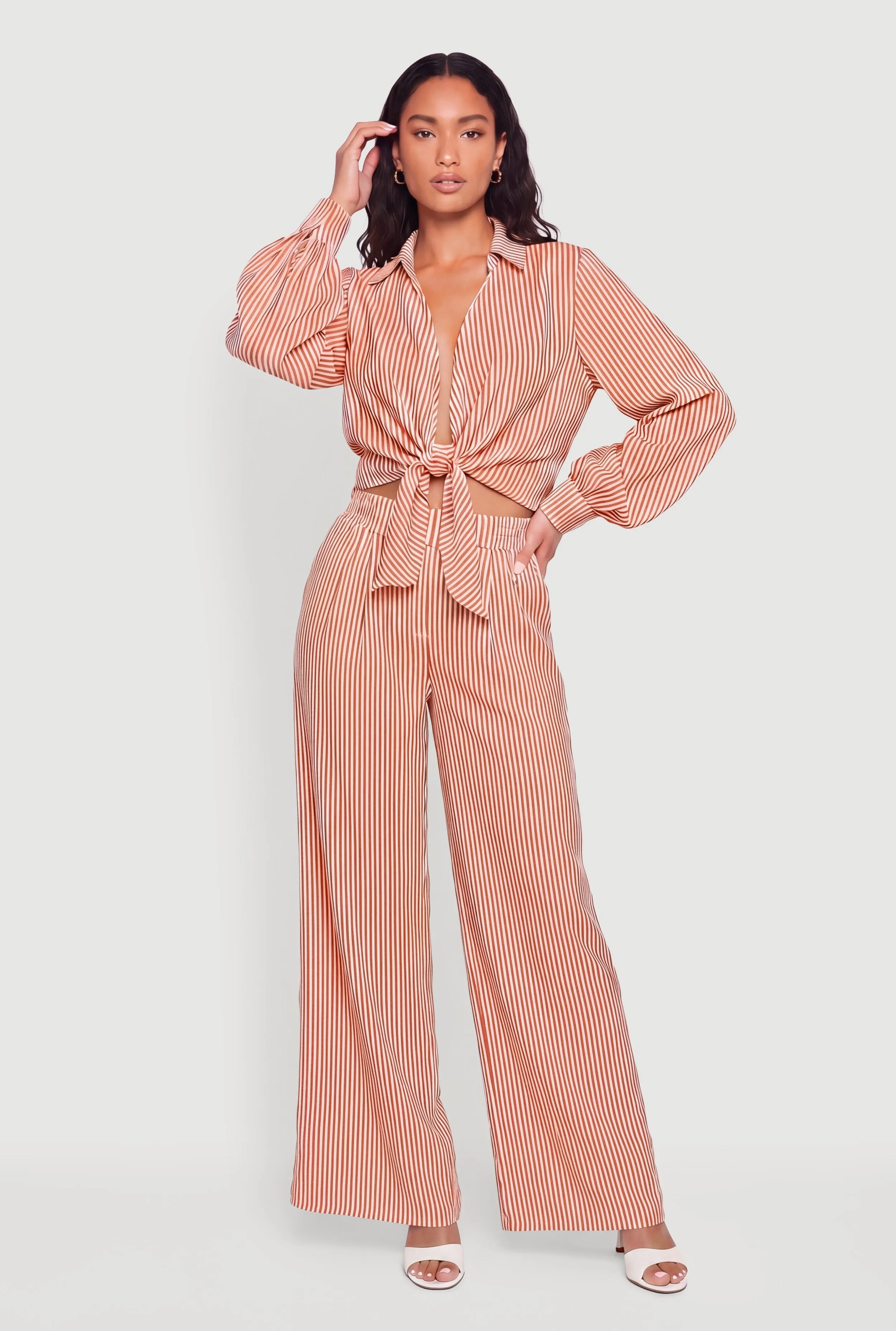 Striped Crepe Knit Tie Front Crop Blouse sold by Rainbow product image thumbnail 2