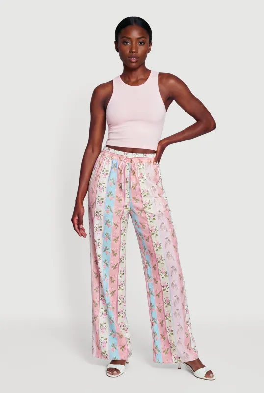Striped Floral Print Wide Leg Casual Pants made by Rainbow