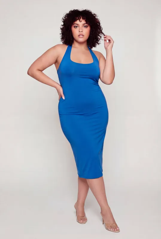 Plus Size Slit Back Midi Halter Dress made by Ambiance