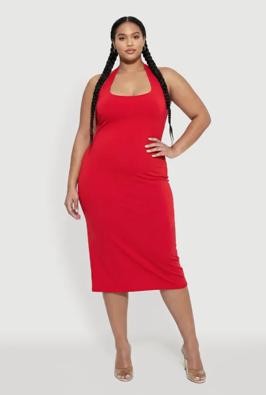 Plus Size Slit Back Midi Halter Dress made by Ambiance