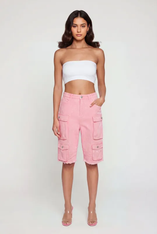 Acid Wash Raw Hem Denim Cargo Shorts made by Daisy