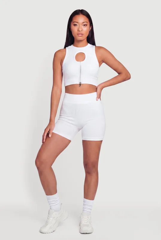 Compression Rib Zip Front Cutout Detail Crop Top made by Rainbow