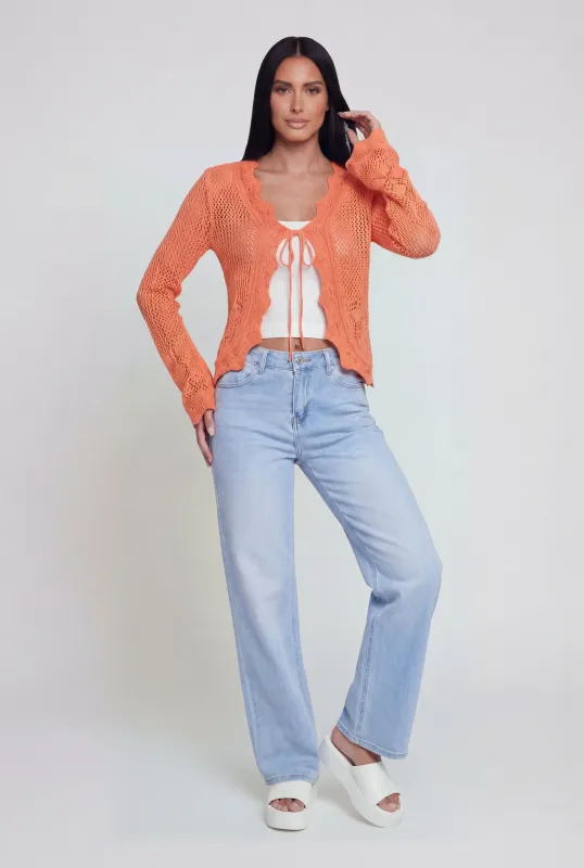 Crochet Tie Front Long Sleeve Cardigan made by Rainbow