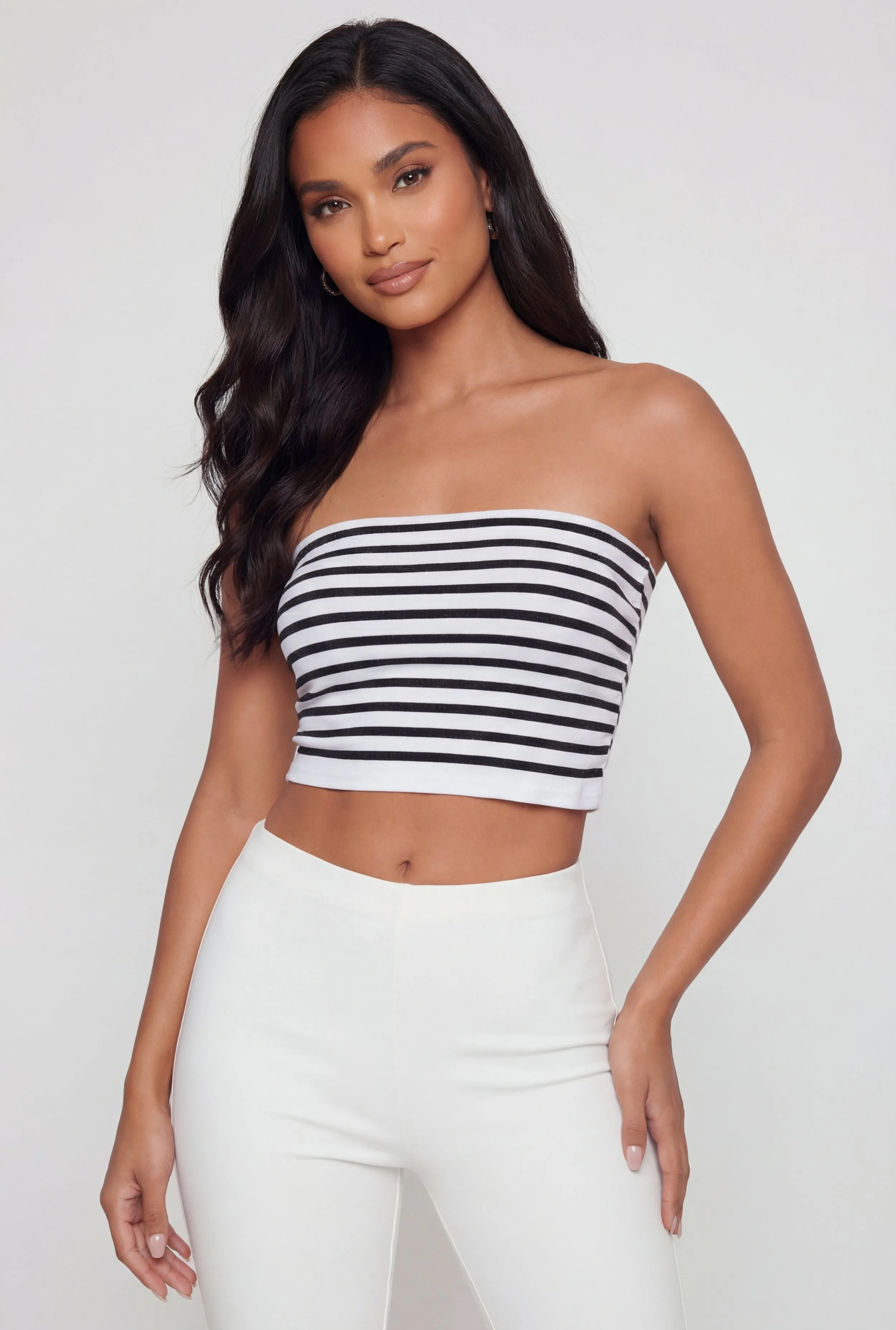Striped Fold Over Ruched Side Cropped Tube Top sold by Rainbow product image thumbnail 2