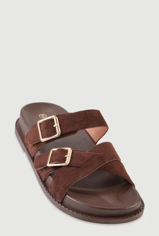 Faux Suede Double Buckle Criss Cross Band Footbed Sandals made by Rainbow