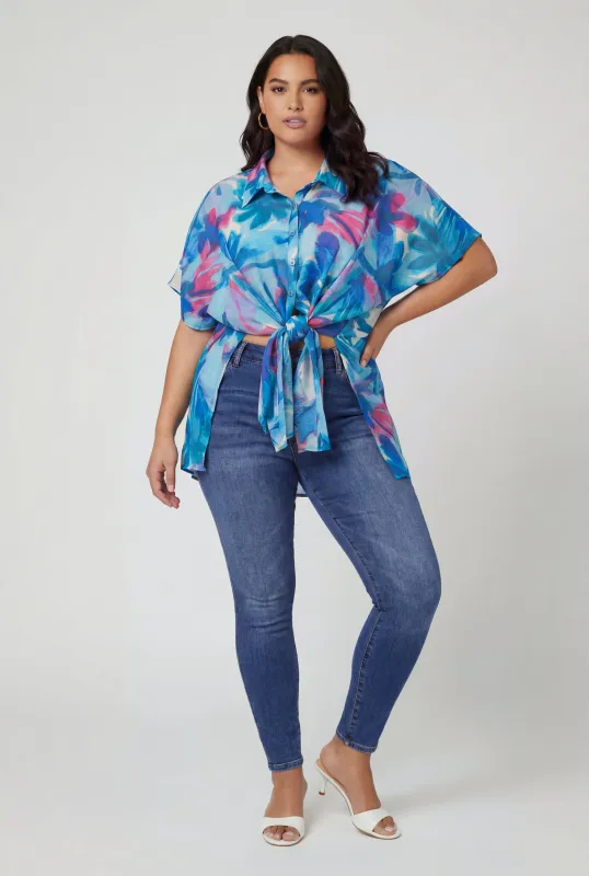 Plus Size Floral Print Shirt with Tie Front Detail made by Rainbow