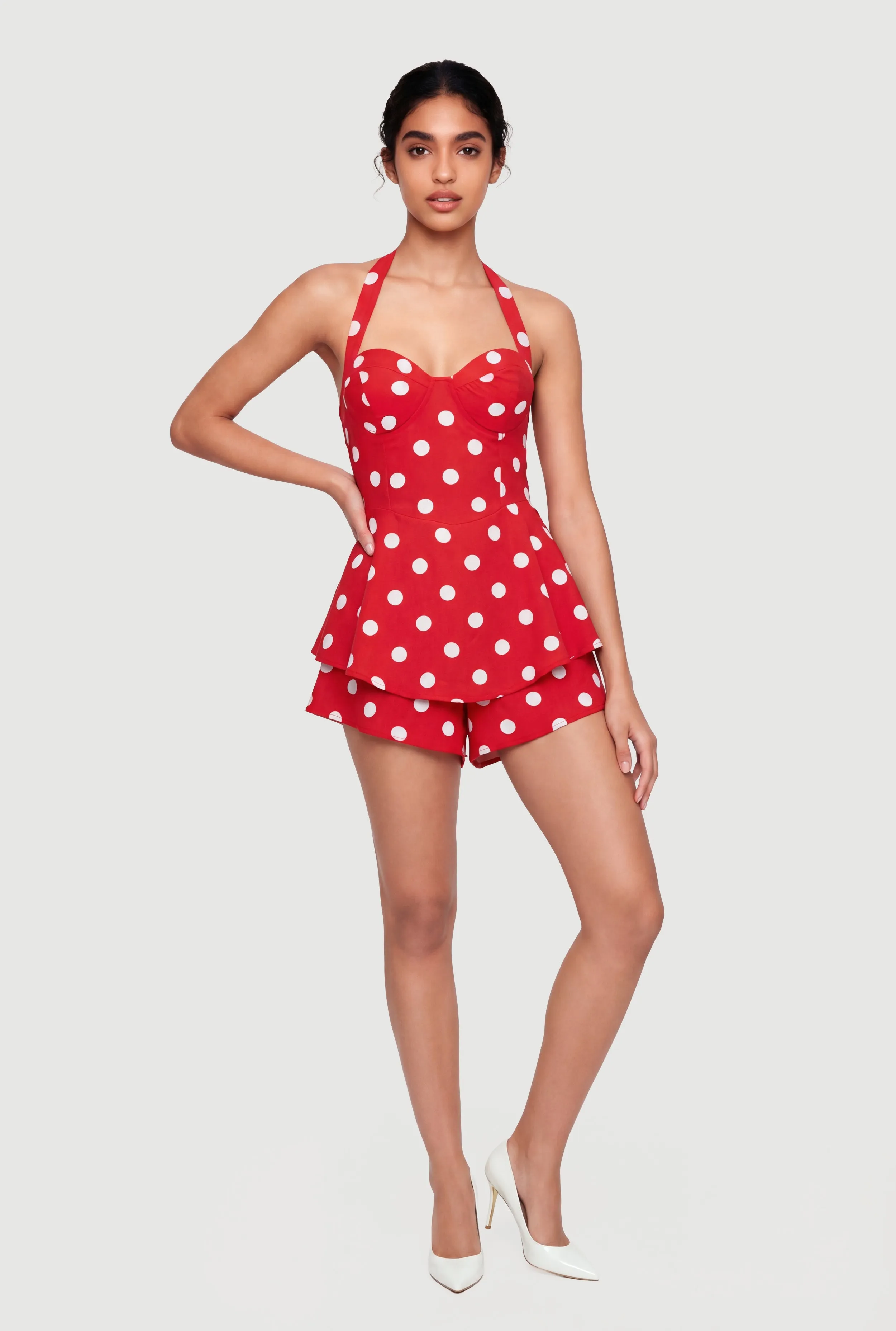 Polka Dot Print Tie Neck Bustier Romper sold by Rainbow