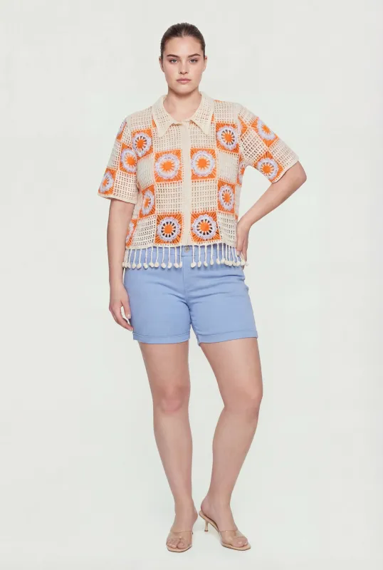 Plus Size Pom Pom Fringe Hem Crochet Top made by Rainbow